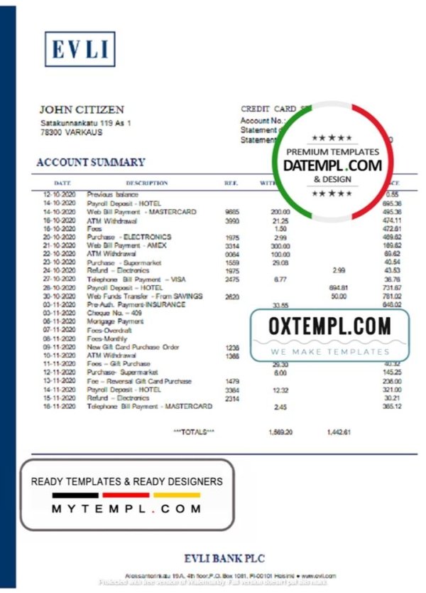 Finland Evli Bank PLC Bank statement template in Word and PDF format