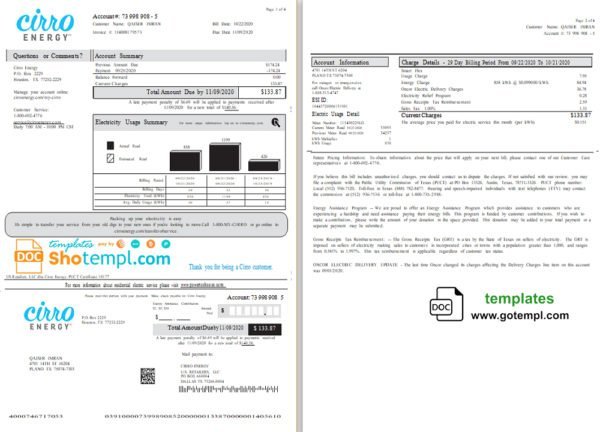 USA Texas Cirro Energy utility bill template in Word and PDF format (3 pages)