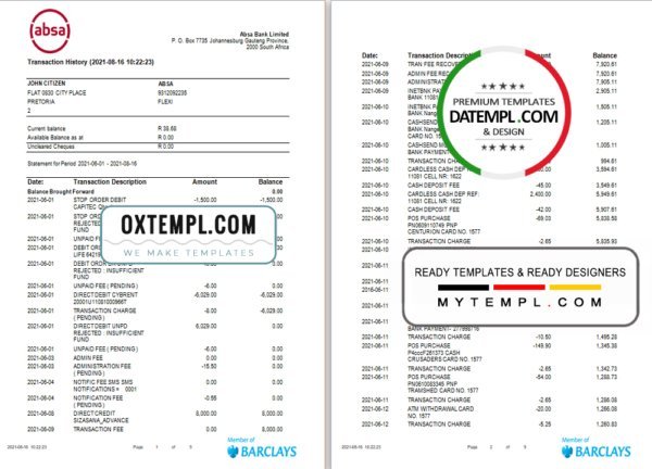 South Africa ABSA bank statement easy to fill template in Word and PDF format (9 pages)