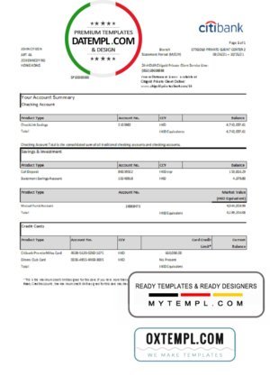 Hong Kong Citibank credit card statement template in .xls and .pdf file format