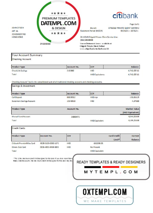 Hong Kong Citibank credit card statement template in .xls and .pdf file format