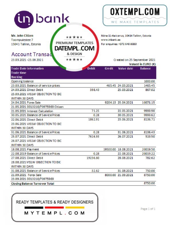 Estonia Inbank bank statement easy to fill template in Excel and PDF format