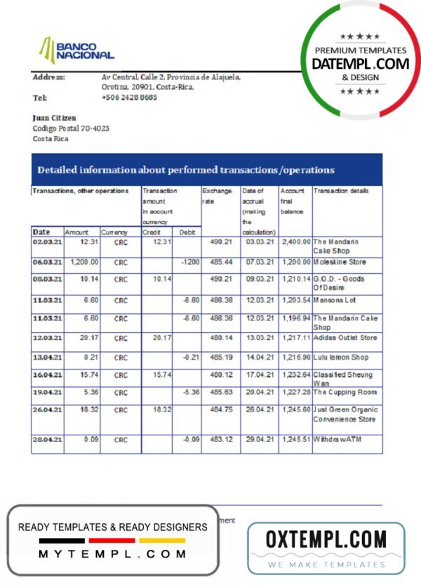 Costa Rica Banco Nacional bank statement easy to fill template in .xls and .pdf file format