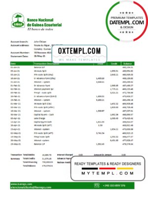 Equatorial Guinea The National Bank statement template in Excel and PDF format