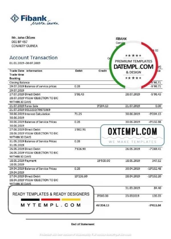 Guinea Fibank proof of address bank statement template in Word and PDF format