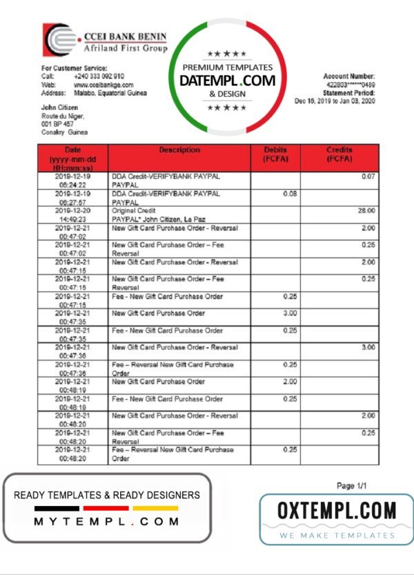 Equatorial Guinea CCEI Bank proof of address statement template in Word and PDF format