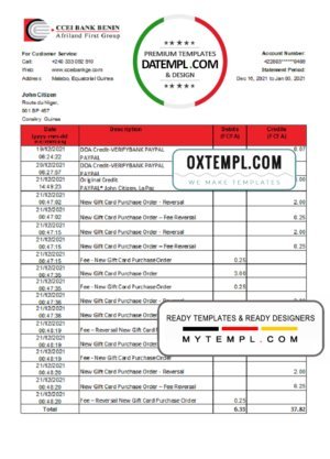 Equatorial Guinea CCEI Bank Benin bank statement easy to fill template in .xls and .pdf file format