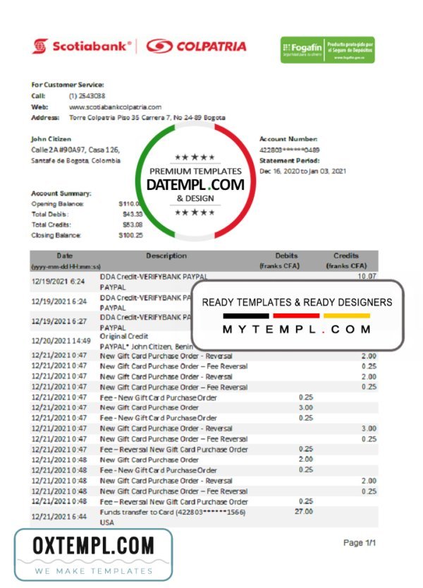 Colombia Scotiabank Colpatria bank proof of address statement template in Excel and PDF format (.xls and .pdf)