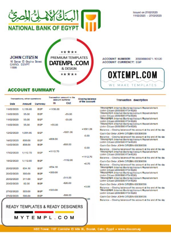 Egypt National Bank of Egypt proof of address bank statement template in Word and PDF format (.doc and .pdf)