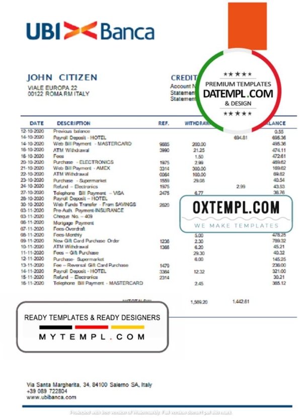 Italy UBI BANCA bank statement template in Word and PDF format, fully editable