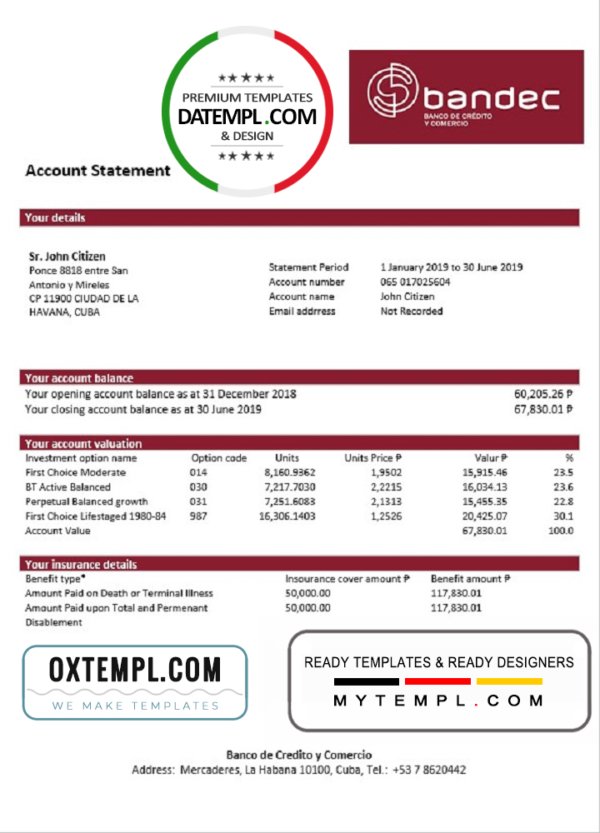 Cuba Bandec Banco de Credito y Comercio bank statement template in Word and PDF format, good for address prove