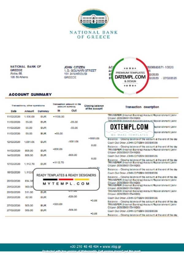 Greece National Bank of Greece proof of address bank statement template in Word and PDF format, .doc and .pdf format