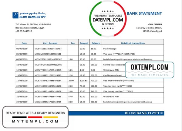 Egypt Blom Bank of Egypt proof of address statement template in Word and PDF format (.doc and .pdf)