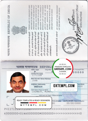 India passport template in PSD format, fully editable, with all fonts (2013 – present)