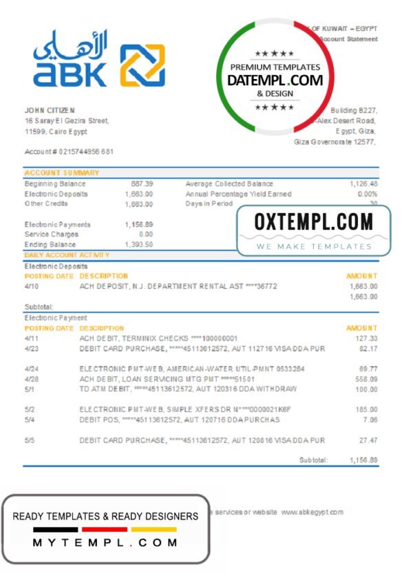 Egypt Al Ahli Bank of Kuwait bank statement easy to fill template in Excel and PDF format