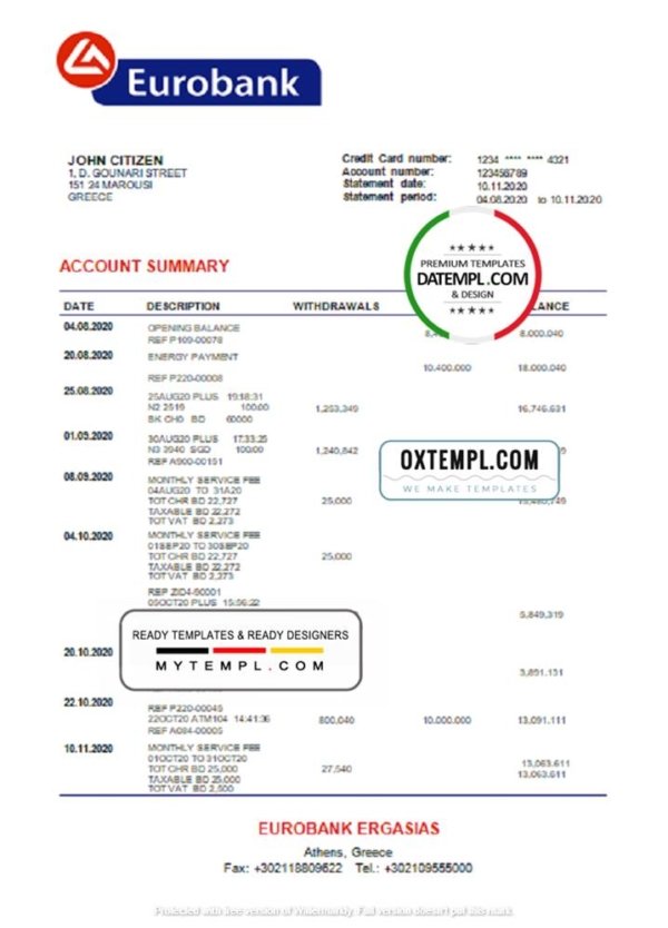 Greece Eurobank Ergasias proof of address bank statement template in Word and PDF format, .doc and .pdf format