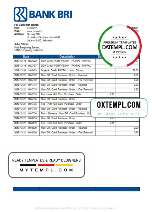 Indonesia Bank Rakyat Indonesia (BRI) easy to fill bank statement in Word and PDF (.doc and .pdf) format