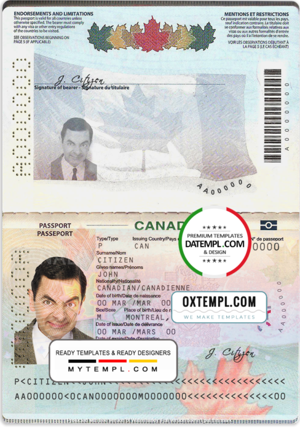 Canada Passport template in PSD format, fully editable (2010 – present)