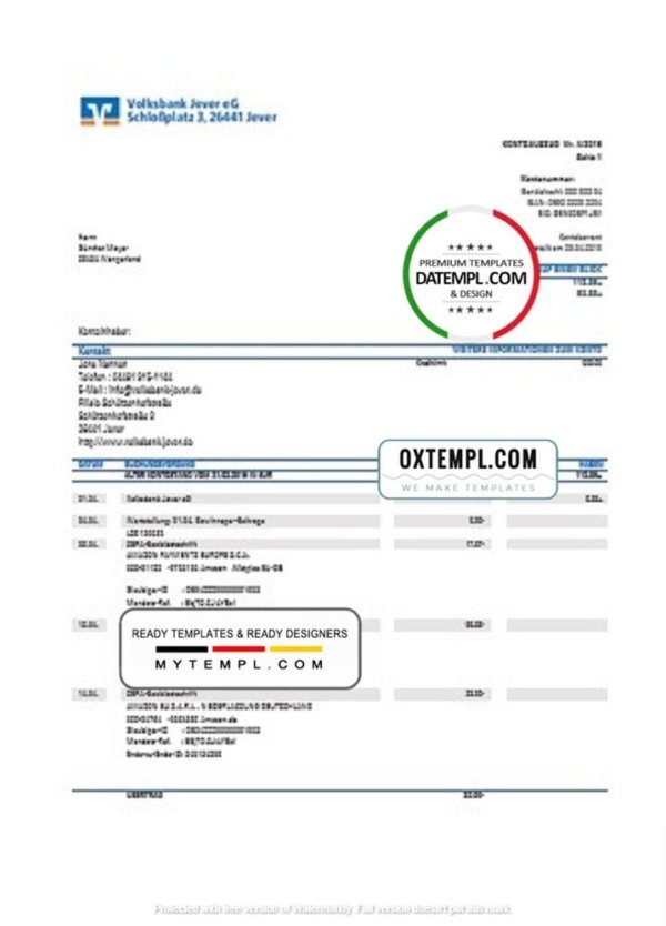 Germany Volksbank Jever statement template in Word and PDF format