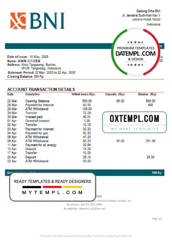 Indonesia Bank Negara Indonesia (BNI) proof of address bank statement in Word and PDF format