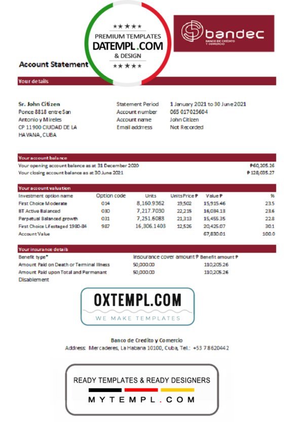 Cuba Bandec Banco de Credito y Comercio bank statement easy to fill template in .xls and .pdf file format