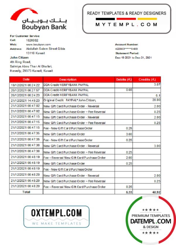 Kuwait Boubyan bank statement easy to fill template in .xls and .pdf file format