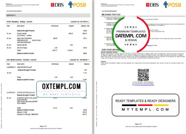 Singapore DBS bank proof of address statement template in Word and PDF format, 4 pages