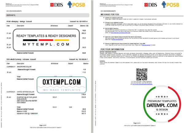 Singapore DBS bank proof of address statement template in Excel and PDF format, 4 pages