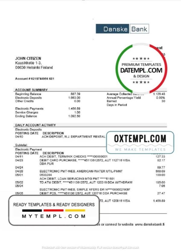 Finland Danske Bank statement template in Word and PDF format