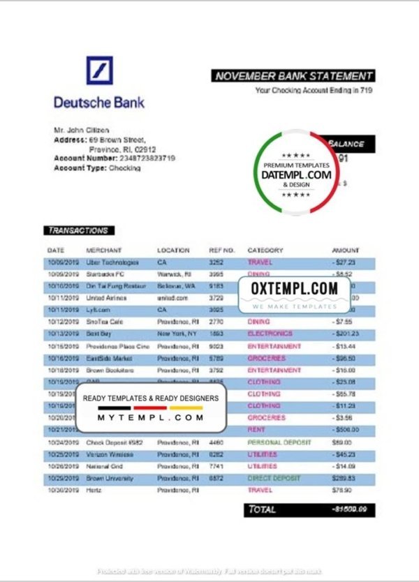 Germany Deutsche bank proof of address statement template in Word and PDF format