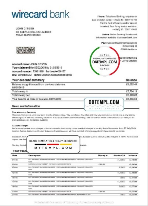 Germany Aschheim Wirecard bank statement easy to fill template in Word and PDF format