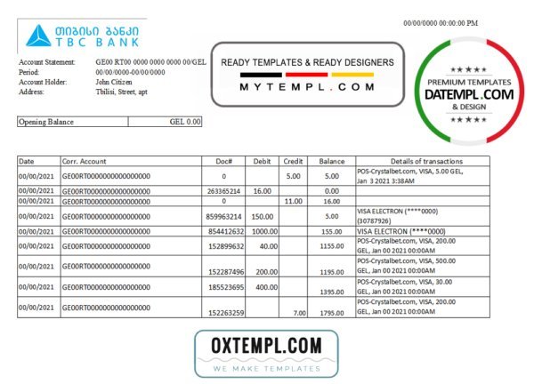 Georgia TBC Bank statement easy to fill template in Excel and PDF format
