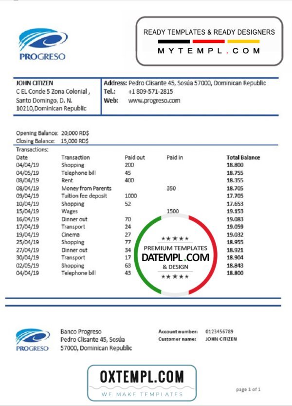 Dominican Republic Progreso bank statement template, Word and PDF format (.doc and .pdf)