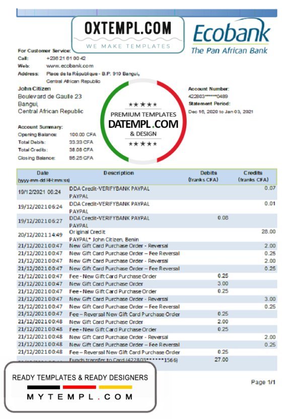 Central African Republic Ecobank bank statement easy to fill template in .xls and .pdf file format (AutoSum)