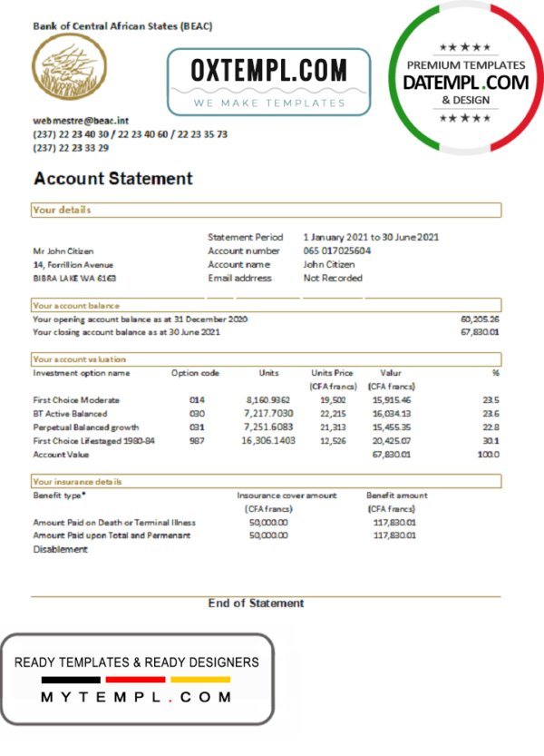 Central African Republic Bank of Central African States BEAC bank statement easy to fill template in .xls and .pdf file format (AutoSum)