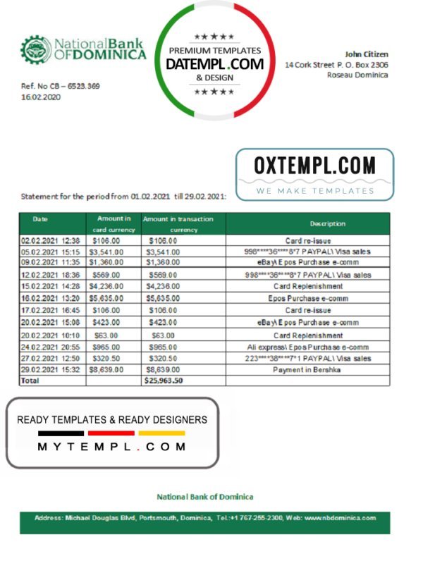 Dominica National Bank of Dominica bank statement easy to fill template in Excel and PDF format