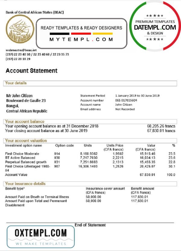 Central African Republic Bank of Central African States (BEAC) bank statement template, Word and PDF format (.doc and .pdf)