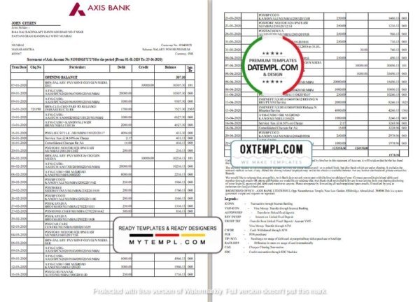 India Axis Bank statement template in Word and PDF format (2 pages)