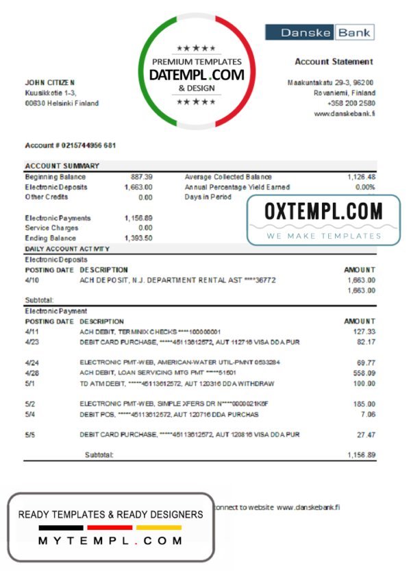 Finland Danske bank statement easy to fill template in .xls and .pdf file format