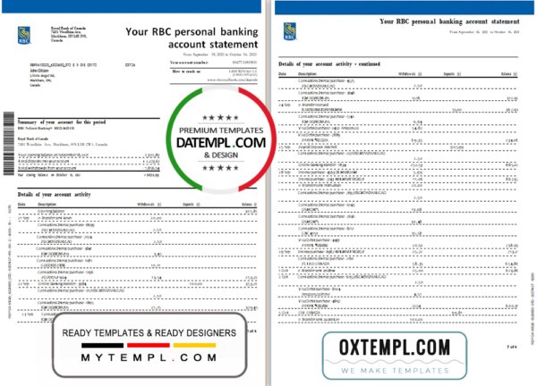 Canada Royal Bank of Canada (RBC) bank statement template in Word and PDF format (4 pages)