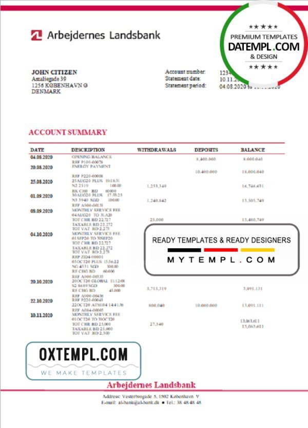 Denmark Arbejdernes Landsbank bank statement template in Word and PDF format