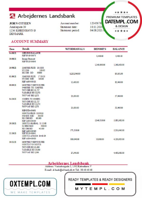 Denmark Arbejdernes Landsbank bank statement easy to fill template in Excel and PDF format