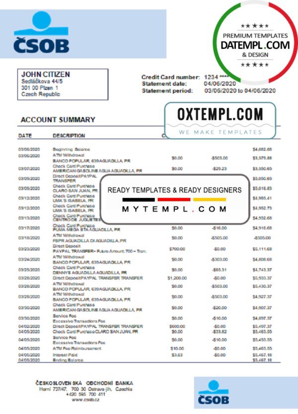 Czech Republic Československá Obchodní Banka statement template in Word and PDF format