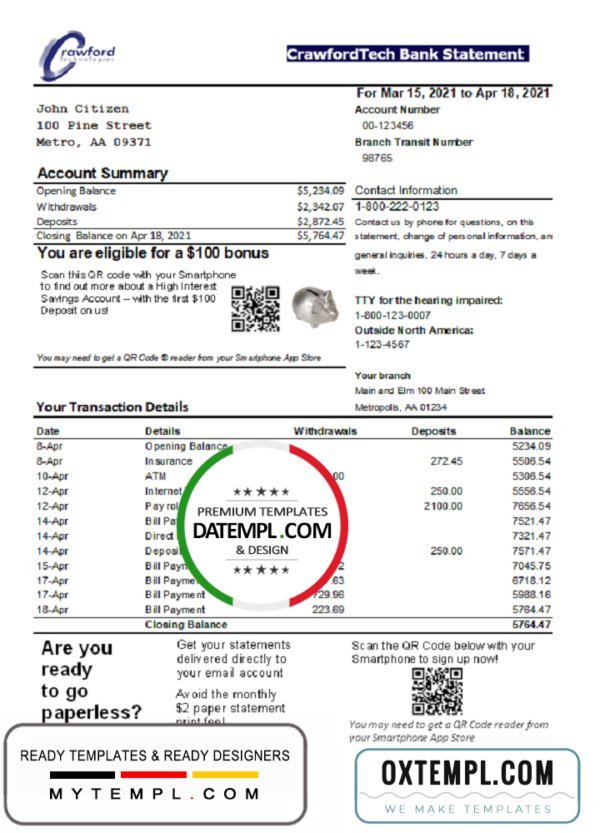 Canada CrawfordTech bank statement easy to fill template in Excel and PDF format