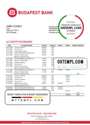 Hungary Budapest Bank – Szolnoki Fiók bank statement template in Word and PDF format