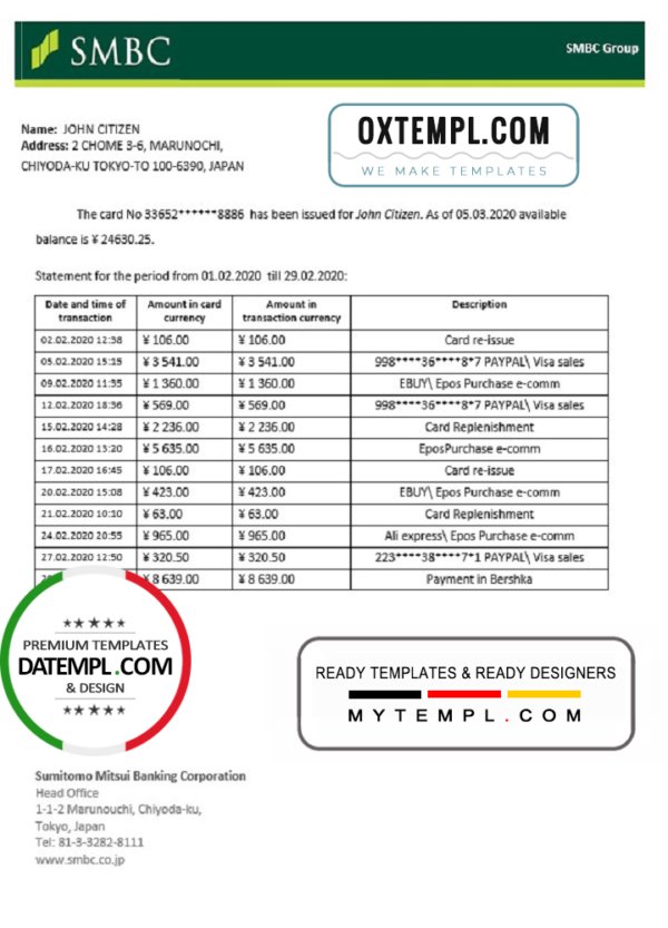 Japan Sumitomo Mitsui Banking Corporation (SMBC) bank statement template in Word and PDF format