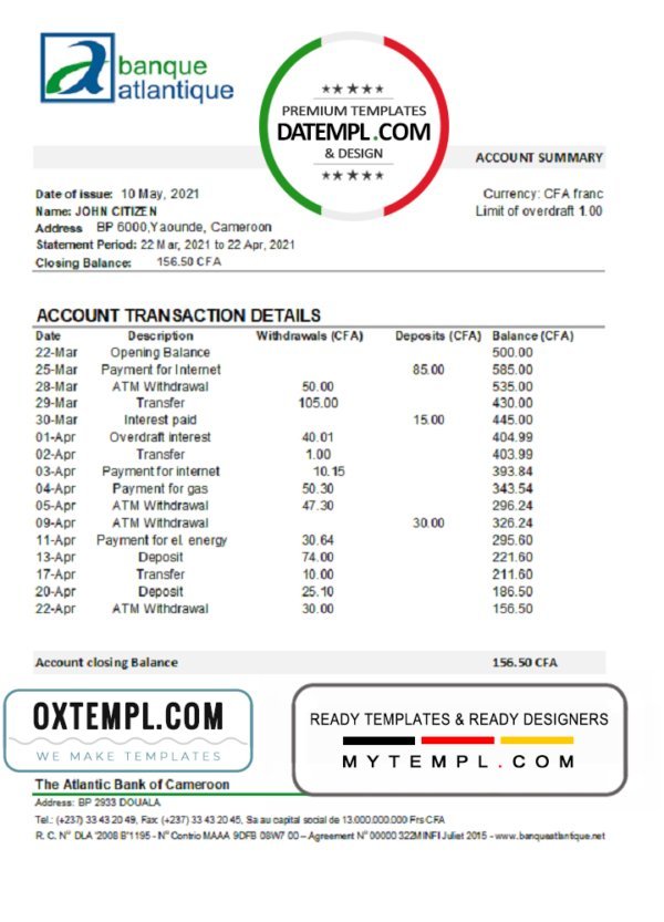 Cameroon Atlantic bank statement template in Excel and PDF format