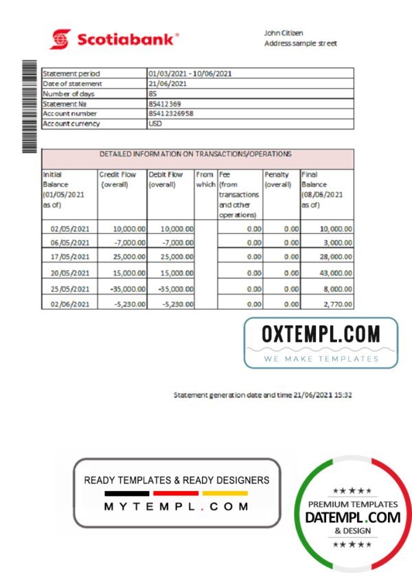 Hong Kong Scotiabank bank statement easy to fill template in Excel and PDF format