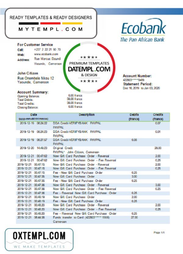Cameroon Ecobank statement template in Word and PDF format