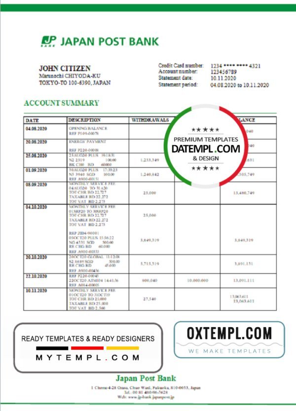 Japan Post Bank statement template in Word and PDF format, good for address prove